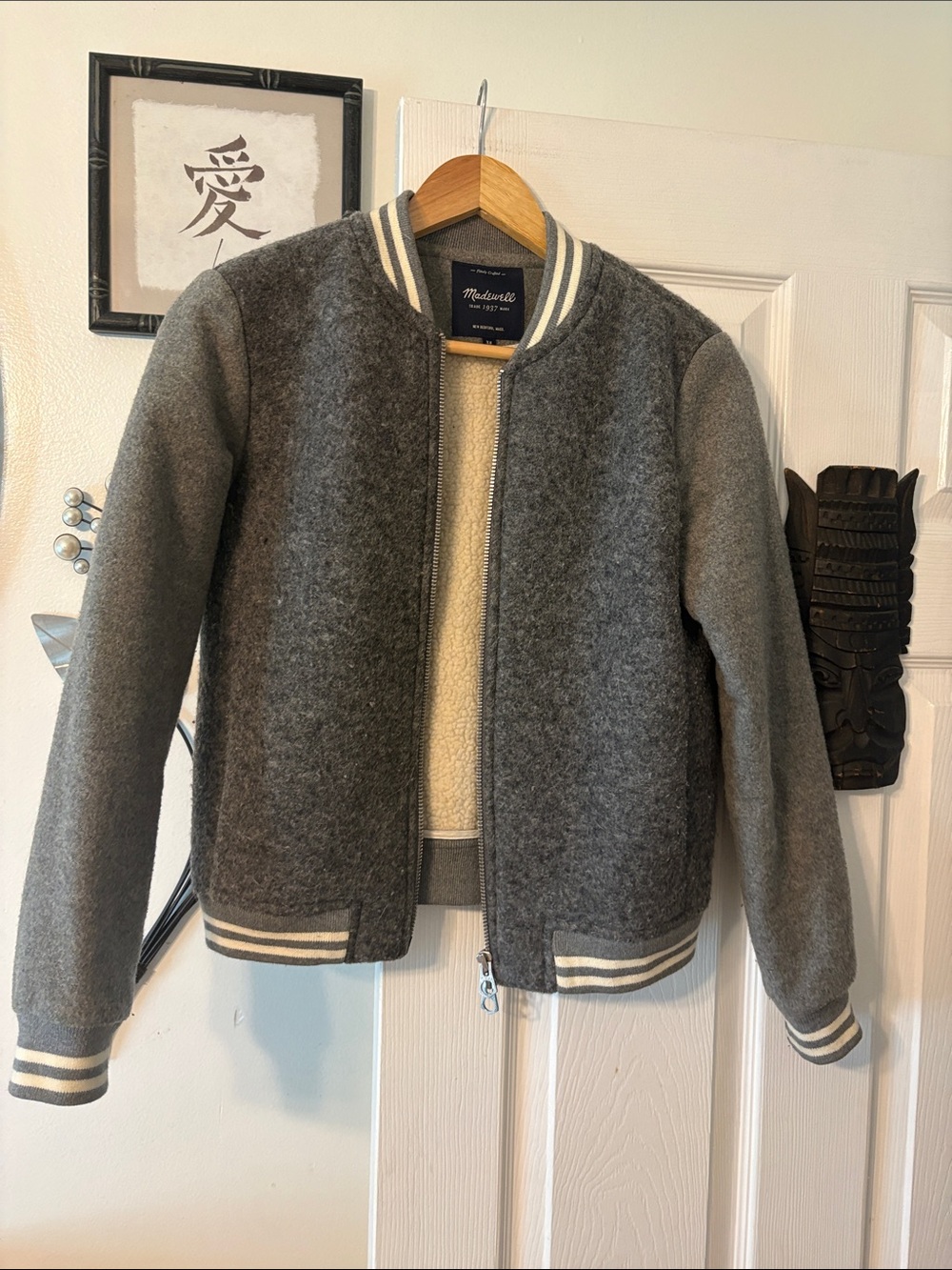 Madewell Two-Tone Gray Wool Varsity Jacket